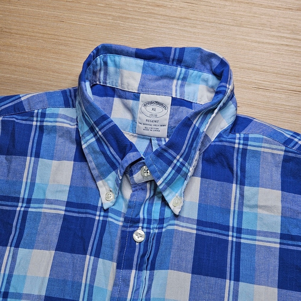 Brooks Brothers Regent Plaid Short Sleeve Button Down Shirt Men XL Blue White
